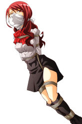 Rule 34 | 1girl, arms behind back, atlus, bdsm, bondage, bound, bound ankles, bound legs, box tie, breast bondage, breasts, cleave gag, cloth gag, female focus, gag, gagged, hachikumo, highres, improvised gag, kirijou mitsuru, long hair, over the mouth gag, over the nose gag, persona, persona 3, red eyes, red hair, rope, simple background, skirt, solo, white background