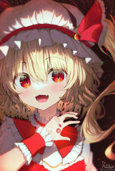 Rule 34 | 1girl, :d, black background, blonde hair, blurry, commentary, depth of field, fang, fangs, flandre scarlet, hat, hat ribbon, highres, kiramarukou, light particles, looking at viewer, mob cap, one side up, open mouth, red eyes, red ribbon, ribbon, signature, slit pupils, smile, solo, touhou, twitter username, upper body, white background, white hat, wrist cuffs