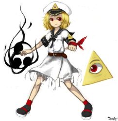 Rule 34 | 1girl, blonde hair, bloomers, eye of providence, flandre495, flat chest, hat, illuminati, looking at viewer, making-of available, mitsudomoe (shape), original, personification, red eyes, sailor collar, short hair, signature, simple background, smirk, solo, tassel, tomoe (symbol), touhou, triangle, underwear, uss enterprise (cv-6), white background