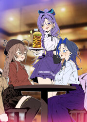 3girls anna_miller apron blue_eyes blue_hair bow burger food hair_bow hair_intakes highres holding holding_tray hololive hololive_english hololive_indonesia long_hair long_sleeves moona_hoshinova multicolored_hair multiple_girls nanashi_mumei ouro_kronii restaurant sweater table taka_t thighhighs tray turtleneck turtleneck_sweater virtual_youtuber waitress