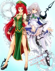 Rule 34 | 2girls, adapted costume, blue eyes, braid, breasts, china dress, chinese clothes, cleavage, cleavage cutout, clothing cutout, dress, embodiment of scarlet devil, female focus, garter belt, garter straps, gloves, highres, hong meiling, izayoi sakuya, knife, lace, lace-trimmed legwear, lace trim, long hair, maid, maid headdress, mickey dunn, multiple girls, red eyes, red hair, short hair, thighhighs, throwing knife, touhou, twin braids, weapon, white thighhighs