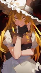 Rule 34 | 1girl, apron, black gloves, black hat, black vest, blonde hair, bow, cowboy shot, finger to mouth, fingerless gloves, fingernails, gloves, hair between eyes, hand up, hat, hat bow, highres, kirisame marisa, liangyilin, long hair, looking at viewer, puffy short sleeves, puffy sleeves, shirt, short sleeves, smile, solo, teeth, touhou, turtleneck, v-shaped eyebrows, very long hair, vest, waist apron, white apron, white bow, white shirt, witch hat, yellow eyes
