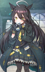Rule 34 | 1girl, ?, ahoge, animal ears, belt, black gloves, black hair, black pantyhose, black shirt, black skirt, coat, commentary request, cup, drinking, earrings, gloves, hair between eyes, highres, holding, holding cup, horse ears, horse girl, jewelry, long hair, looking at viewer, manhattan cafe (umamusume), necktie, pantyhose, rakugakiraid, shirt, single earring, skirt, solo, spoken question mark, standing, umamusume, yellow eyes, yellow necktie