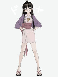 Rule 34 | 1girl, ace attorney, black hair, blunt bangs, full body, grey background, hair ornament, hands on own hips, hanten (clothes), highres, jacket, japanese clothes, jewelry, kimono, legs apart, long hair, long sleeves, looking at viewer, magatama, maya fey, necklace, obi, okobo, omen hohoho, open mouth, parted bangs, pink sash, purple jacket, sandals, sash, short kimono, sidelocks, simple background, smile, smug, solo, standing