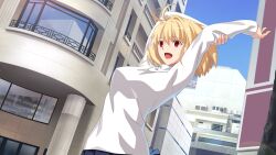 Rule 34 | 1girl, antenna hair, arcueid brunestud, blonde hair, building, day, dress, game cg, highres, jewelry, melty blood, melty blood: type lumina, necklace, official art, outdoors, red eyes, short hair, takeuchi takashi, tsukihime, tsukihime (remake), white dress