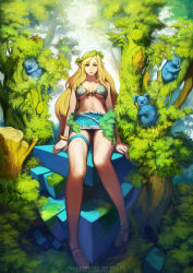 Rule 34 | 1girl, animal, bikini, bikini top only, blonde hair, blue eyes, caesty, cube, elf, forest, front-tie bikini top, front-tie top, koala, leg ribbon, lips, long hair, miniskirt, nature, pointy ears, ribbon, sitting, skirt, source request, swimsuit, thigh ribbon, tree, very long hair, watermark, web address