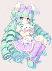 Rule 34 | 1girl, animal ears, animal slippers, apron, blue eyes, blush, borrowed character, bow, bunny slippers, closed mouth, commentary request, diagonal stripes, drill hair, frilled apron, frilled bow, frilled skirt, frills, full body, green footwear, green hair, grey background, hair bow, highres, kneehighs, looking at viewer, natsuki marina, hugging object, original, pleated skirt, puffy short sleeves, puffy sleeves, purple bow, purple skirt, purple socks, rabbit ears, shirt, short sleeves, skirt, slippers, socks, solo, striped, striped background, stuffed animal, stuffed rabbit, stuffed toy, waist apron, white apron, white shirt