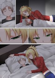Rule 34 | 1boy, 1girl, 5koma, bed, belt, black belt, black shirt, blonde hair, braid, character request, comic, commentary request, denim, fate/grand order, fate (series), ginhaha, hair ornament, hair scrunchie, jeans, long sleeves, lying, mordred (fate), mordred (fate/apocrypha), pants, pillow, ponytail, red scrunchie, red sweater, scrunchie, shirt, shorts, sleeping, sweater