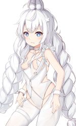 Rule 34 | 1girl, absurdres, ahoge, ahoge wag, animal ear fluff, animal ears, azur lane, bare shoulders, between breasts, blue eyes, braid, breasts, breasts out, child, choker, closed mouth, collarbone, expressive hair, fake animal ears, frills, frown, hair between eyes, hair ornament, highres, le malin (azur lane), le malin (listless lapin) (azur lane), legs apart, leotard, long hair, nyuu (pixiv12143565), o-ring, o-ring choker, official alternate costume, pantyhose, playboy bunny, rabbit ears, simple background, small breasts, solo, symbol-shaped pupils, thigh strap, thighs, twintails, white background, white choker, white leotard, white pantyhose, wrist cuffs, x hair ornament