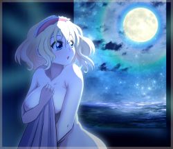 Rule 34 | 1girl, :o, absurdres, alice margatroid, ass, bed sheet, blonde hair, blue eyes, breasts, cloud, cloudy sky, dr. addamelech, eyelashes, frilled hairband, frills, full moon, hairband, halo, highres, light blush, lolita hairband, looking back, medium breasts, moon, moonlight, night, nipples, nude, open mouth, perfect cherry blossom, plump, red hairband, short hair, sky, solo, touhou, window