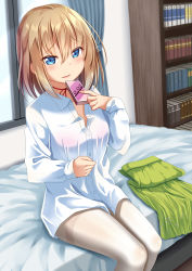 Rule 34 | 1girl, blonde hair, blue eyes, book, bookshelf, bra, choker, collared shirt, condom box, curtains, green skirt, gurande (g-size), hair between eyes, highres, holding, indoors, legs together, long sleeves, looking at viewer, on bed, original, pantyhose, parted lips, pink bra, red choker, red neckwear, red ribbon, ribbon, ribbon choker, seductive smile, see-through, shirt, short hair, sitting, skirt, unworn skirt, smile, solo, thighband pantyhose, underwear, undressing, white pantyhose, white shirt, window, wing collar