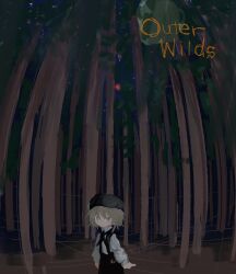 Rule 34 | 1girl, arms at sides, beret, black hat, black skirt, brown eyes, brown hair, closed mouth, collared shirt, copyright name, expressionless, fisheye, forest, hat, hatoba tsugu, highres, looking at viewer, nature, night, outdoors, outer wilds, planet, reitoubeef, shirt, skirt, solo, suspender skirt, suspenders, tsugu (vtuber), virtual youtuber, white shirt, wide shot