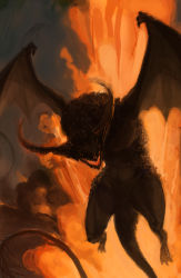 Rule 34 | dragon, explosion, fire, highres, horns, magic: the gathering, monster, no humans, silhouette, tail, toro3, volcanic dragon, volcano, wings