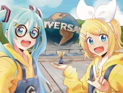 Rule 34 | 1boy, 2girls, aqua eyes, aqua hair, arms up, blonde hair, blue eyes, blush, bow, cosplay, crossover, day, despicable me, fang, forced perspective, glasses, globe, hair bow, hair ornament, hairclip, hatsune miku, highres, holding, hood, hoodie, kagamine len, kagamine rin, light blush, long hair, looking at viewer, m0ti, minion (despicable me), minion (despicable me) (cosplay), multiple girls, on one knee, open mouth, outdoors, short hair, smile, spiked hair, suspenders, swept bangs, twintails, universal studios, very long hair, vocaloid, w, white bow, yellow hoodie