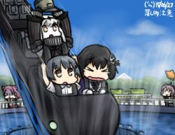 Rule 34 | &gt; &lt;, 10s, 5girls, :o, abyssal ship, aircraft carrier water oni, aoba (kancolle), arare (kancolle), arms up, balloon, black hair, brown eyes, dated, closed eyes, grey hair, haguro (kancolle), hair ornament, hamu koutarou, hat, unworn hat, unworn headwear, jun&#039;you (kancolle), kantai collection, multiple girls, orange eyes, pink hair, roller coaster, shaded face, translated, wavy mouth, white hair
