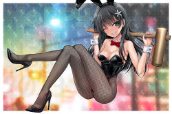 Rule 34 | 1girl, 2023, 40010prototype, animal ears, black footwear, black hair, black leotard, blush, bow, bowtie, breasts, chinese zodiac, cleavage, commentary request, crossed legs, detached collar, fake animal ears, fishnet pantyhose, fishnets, flower, full body, grey eyes, grin, hair flower, hair ornament, happy new year, high heels, highleg, highleg leotard, highres, holding, holding mallet, kine, leotard, long hair, looking at viewer, mallet, new year, one eye closed, pantyhose, patterned background, playboy bunny, rabbit ears, red bow, red bowtie, saten ruiko, small breasts, smile, solo, strapless, strapless leotard, teeth, toaru kagaku no railgun, toaru majutsu no index, wrist cuffs, year of the rabbit