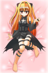 Rule 34 | 1girl, angry, bare shoulders, barefoot, blonde hair, blush, breasts, cleavage cutout, clothing cutout, dakimakura (medium), detached sleeves, full body, hair ornament, highres, konjiki no yami, leather, leg belt, long hair, red eyes, skirt, small breasts, solo, takoyaki shoujo, thigh strap, to love-ru, twintails, two side up, very long hair