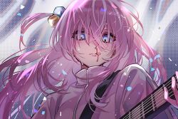 Rule 34 | 1girl, abstract background, blood, blue eyes, bocchi the rock!, closed eyes, commentary, confetti, cube hair ornament, electric guitar, empty eyes, floating hair, frown, glowing, glowing eyes, gotoh hitori, guitar, hair bobbles, hair ornament, halftone, halftone background, hand up, high collar, holding, holding instrument, instrument, jacket, jeonjagolhaem, licking blood, light particles, lips, long bangs, long hair, looking at viewer, looking down, nosebleed, one side up, pink hair, pink jacket, portrait, shoulder strap, solo, sweat, track jacket, zipper