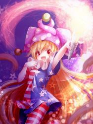 Rule 34 | 1girl, american flag dress, american flag legwear, armpit peek, blonde hair, clownpiece, dress, fairy wings, fire, hat, highres, holding, jester cap, kuriiro, long hair, looking at viewer, neck ruff, open mouth, outstretched arm, pantyhose, polka dot, red eyes, short dress, short sleeves, smile, solo, star (symbol), star print, striped clothes, striped pantyhose, teeth, torch, touhou, very long hair, wings