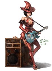 Rule 34 | 1girl, absurdres, bare shoulders, bass guitar, black hair, boots, breasts, cleavage, dated, detached sleeves, fingerless gloves, full body, gloves, green eyes, guilty gear, guitar, halterneck, hat, heterochromia, highres, i-no, instrument, large breasts, lipstick, makeup, miniskirt, mistcastle, mole, mole under mouth, no bra, red footwear, red hat, red thighhighs, shiny clothes, shiny skin, shoes, short hair, skirt, solo, speaker, thigh boots, thighhighs, witch hat, yellow eyes, zettai ryouiki