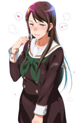 Rule 34 | 1girl, absurdres, bad id, bad pixiv id, blush, bow, braid, breasts, brown hair, closed mouth, colored skin, cum, cum in mouth, cum string, embarrassed, heart, heart-shaped pupils, hibike! euphonium, highres, ikuchan kaoru, licking, licking lips, lips, long hair, looking at viewer, multicolored skin, naughty face, purple eyes, school uniform, simple background, single braid, skirt, solo, souga yoriko, standing, stray pubic hair, sweat, sweatdrop, symbol-shaped pupils, tongue, tongue out, white background