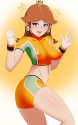 Rule 34 | 1girl, absurdres, ass, belly, blue eyes, blush, breasts, brown hair, covered, covered erect nipples, highres, large breasts, long hair, looking at viewer, mario (series), midriff, nintendo, nipples, open mouth, pibu, princess, princess daisy, see-through, short hair, shorts, smile, soccer uniform, solo, sportswear, super mario strikers, thighhighs, thighs, v