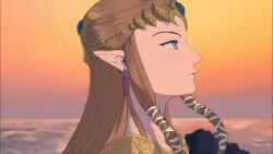 Rule 34 | 1girl, alotofp907, blue eyes, brown hair, commentary, dawn, earrings, english commentary, from side, jewelry, looking to the side, nintendo, outdoors, pointy ears, princess zelda, profile, sidelocks, sky, solo, the legend of zelda, the legend of zelda: twilight princess, tiara