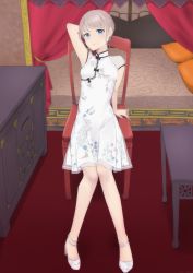 Rule 34 | 1girl, absurdres, arm behind head, arm up, blue eyes, blurry, blurry background, braid, breasts, china dress, chinese clothes, commentary request, curtains, depth of field, dress, earrings, floral print, full body, grey hair, high heels, highres, indoors, jewelry, looking at viewer, mishima ryo, on chair, original, parted lips, pleated dress, print dress, rose print, see-through, see-through sleeves, shoes, short hair, short sleeves, sitting, small breasts, solo, white dress, white footwear