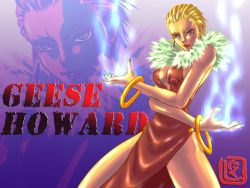 Rule 34 | 1girl, bangle, bare legs, blonde hair, blue fire, bracelet, breasts, cleavage, dress, earrings, fatal fury, feather boa, fire, geese howard, genderswap, genderswap (mtf), hair slicked back, jewelry, large breasts, lipstick, makeup, midnight bliss, nail polish, nikuji-kun, red dress, short hair, side slit, snk, solo, the king of fighters, thighs, zoom layer