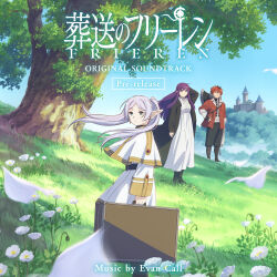 Rule 34 | 1boy, 2girls, absurdres, album cover, axe, black coat, boots, briefcase, bud, capelet, castle, coat, copyright name, cover, day, dress, elf, fern (sousou no frieren), flower, frieren, grass, highres, holding, holding briefcase, jacket, key visual, logo, long hair, looking at viewer, multiple girls, official art, open clothes, open coat, outdoors, petals, pointy ears, poppy (flower), promotional art, purple hair, red hair, red jacket, short hair, sousou no frieren, standing, stark (sousou no frieren), tree, weapon, weapon on back, white dress, white flower, white hair