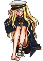Rule 34 | 1girl, androgynous, bad id, bad pixiv id, bandage over one eye, barefoot, blonde hair, blue eyes, cosplay, crossdressing, female focus, full body, hat, long hair, oliver (cosplay), oliver (vocaloid), oliver (vocaloid) (cosplay), reverse trap, sailor hat, seeu, simple background, sitting, smile, solo, transparent background, vocaloid