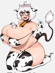 Rule 34 | 1girl, ahoge, animal ears, animal print, breasts, cleavage, collarbone, commentary request, cow ears, cow girl, cow horns, cow print, cowbell, curvy, elbow gloves, facial mark, fang, female focus, glasses, gloves, highres, horns, huge breasts, kneeling, looking at viewer, navel, open mouth, plump, red eyes, seiza, short hair, sitting, skindentation, solo, strongmoist, sweatdrop, tail raised, thick thighs, thighhighs, thighs, white background, white hair, wide hips