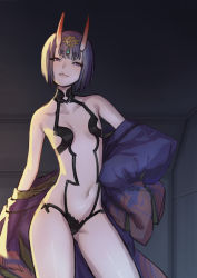 Rule 34 | 1girl, backlighting, bare shoulders, bob cut, breasts, collarbone, contrapposto, cowboy shot, emoto reishi, fate/grand order, fate (series), gluteal fold, half-closed eyes, highres, horns, indoors, japanese clothes, looking at viewer, looking down, navel, purple hair, revealing clothes, revision, short hair, shuten douji (fate), shuten douji (first ascension) (fate), skin-covered horns, skin tight, small breasts, smirk, solo, standing, thick eyebrows