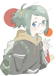 Rule 34 | 1girl, absurdres, backpack, bad id, bad twitter id, bag, blue eyes, copyright request, cropped torso, donguri suzume, glasses, green hair, hair ornament, hair scrunchie, hand up, highres, hood, hood down, hoodie, long hair, long sleeves, looking at viewer, messy hair, parted lips, ponytail, round eyewear, scrunchie, short hair, smile, solo, sweater, upper body, v, very long hair