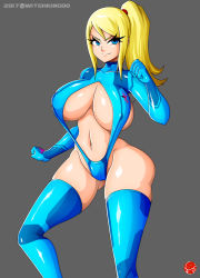 Rule 34 | adapted costume, ass, blonde hair, breasts, cleavage, huge breasts, large breasts, metroid, nintendo, revealing clothes, sagging breasts, samus aran, slingshot swimsuit, solo, super smash bros., witchking00, zero suit