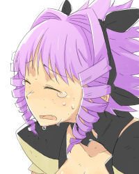 Rule 34 | 1990s (style), 1girl, crying, drill hair, elgala, excel saga, closed eyes, fang, female focus, open mouth, purple hair, ringlets, satsuyo, simple background, solo, tears, white background