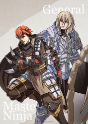 Rule 34 | 2boys, armor, asugi (fire emblem), blonde hair, breastplate, candy, cape, eating, english text, fire emblem, fire emblem fates, food, gauntlets, gloves, greaves, gzei, holding, holding shield, holding weapon, ignatius (fire emblem), japanese clothes, knif, knight, kunai, lollipop, long hair, looking at viewer, multiple boys, ninja, nintendo, red hair, shield, simple background, smile, weapon