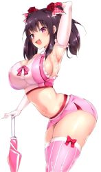 Rule 34 | 1girl, arched back, arm up, armpits, arms behind head, black hair, breasts, cleavage, doskoinpo, female focus, gloves, hair ornament, large breasts, leaning forward, looking at viewer, microskirt, midriff, navel, open mouth, parasol, pink thighhighs, pinstripe legwear, pinstripe pattern, purple eyes, sideboob, simple background, skin tight, skirt, sleeveless, smile, solo, standing, striped, suggestive fluid, thighhighs, umbrella, white background
