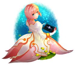 Rule 34 | 1girl, arcelle, blush, commentary, controller, copyright name, dress, estellise sidos heurassein, game console, game controller, gloves, green eyes, handheld game console, highres, holding, jacket, joy-con, looking at viewer, nintendo, nintendo switch, pink hair, plant, playing games, short hair, simple background, sitting, smile, solo, tales of (series), tales of vesperia, transparent background, white background