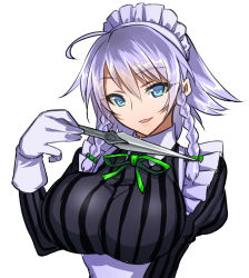 Rule 34 | 1girl, blue eyes, braid, breasts, dress, gloves, izayoi sakuya, jonylaser, knife, large breasts, maid, maid headdress, silver hair, smile, solo, striped clothes, striped dress, throwing knife, touhou, twin braids, upper body, weapon, white gloves