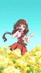 Rule 34 | 1girl, absurdres, black hair, blue sky, blunt bangs, blurry, camcorder, cardcaptor sakura, chueog, daidouji tomoyo, depth of field, flower, gradient sky, highres, holding camera, long hair, looking at viewer, low twintails, necktie, open mouth, purple eyes, red necktie, red skirt, skirt, sky, smile, solo, twintails, video camera