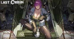 Rule 34 | 1girl, absurdres, armored boots, bad id, bad pixiv id, black gloves, black thighhighs, bloody panther (last origin), boots, breasts, cable, cigarette, cleavage, collarbone, container, cyberpunk, dress, gloves, green dress, highres, holding, holding cigarette, huge filesize, incredibly absurdres, large breasts, last origin, machinery, parted lips, pixie cut, purple eyes, purple hair, science fiction, short hair, sitting, smoke, thighhighs, uronte