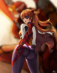 Rule 34 | 1girl, absurdres, artist request, ass, ass focus, ass grab, bodysuit, breasts, cameltoe, cleft of venus, curvy, eva 02, evangelion: 3.0 you can (not) redo, grabbing own ass, highres, huge ass, interface headset, light smile, long hair, looking at viewer, looking back, mecha, medium breasts, naughty face, neon genesis evangelion, plugsuit, rebuild of evangelion, robot, shiny clothes, skin tight, smile, solo, souryuu asuka langley, tongue, tongue out, two side up, very long hair, wide hips