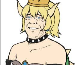 Rule 34 | 1boy, bad id, bad twitter id, blonde hair, bowsette, bowsette (cosplay), collar, commentary, cosplay, crossdressing, doug bowser, dress, finalcake, gem, lowres, male focus, mario (series), name connection, new super mario bros. u deluxe, nintendo, ponytail, real life, simple background, smile, spiked collar, spikes, super crown, upper body, white background