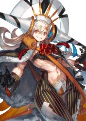 Rule 34 | 1girl, absurdres, ascot, black cape, black gloves, bodysuit, cape, commentary request, detached collar, fate/grand order, fate (series), fur-trimmed cape, fur trim, gloves, grey hair, hair ornament, hat, highres, horns, long hair, looking at viewer, multicolored hair, nakanishi tatsuya, navel, olga marie animusphere, orange eyes, orange hair, red ascot, single horn, solo, stomach, striped, striped bodysuit, teeth, thighs, two-tone hair, u-olga marie, vertical stripes, very long hair, white hat, yellow horns