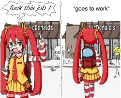 Rule 34 | 1girl, 4others, aiu404l, among us, among us eyes (meme), backpack, bag, cowboy shot, flower, glasses, hatsune miku, highres, mcdonald&#039;s, middle finger, multiple others, necktie, oekaki, pleated skirt, red hair, road, sequential, skirt, speech bubble, street, striped clothes, striped thighhighs, thighhighs, yellow skirt, zettai ryouiki