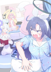 3girls absurdres anger_vein blue_archive blue_halo breasts closed_eyes collarbone commentary_request cosplay empty_eyes halo highres kigurumi koyuki_(blue_archive) koyuki_(pajamas)_(blue_archive) long_hair medium_breasts multiple_girls noa_(blue_archive) noa_(pajamas)_(blue_archive) not_seven777 official_alternate_costume open_mouth pillow_fight pink_hair pink_halo purple_eyes white_hair yuuka_(blue_archive) yuuka_(pajamas)_(blue_archive)