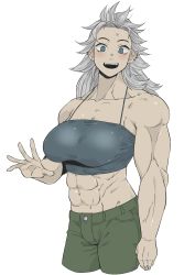 Rule 34 | 1girl, abs, absurdres, breasts, collarbone, cowboy shot, dorohedoro, earrings, highres, jewelry, kantoqyoiko, large breasts, long hair, looking at viewer, messy hair, multiple piercings, muscular, muscular female, navel, noi (dorohedoro), open mouth, silver hair, smile, solo, tall female, veins, white background