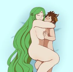 Rule 34 | age difference, artist name, breasts squeezed together, breasts, colored skin, cuddling, cuddling, hands on breasts, highres, hug, kid icarus, lewdigo, long hair, nintendo, nude, palutena, pit (kid icarus), white skin