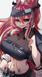 1girl absurdres animal_ears arknights bare_shoulders black_choker black_jacket black_shirt breasts brown_eyes choker cowboy_shot crop_top crossed_bangs dryegen earrings hair_between_eyes highres jacket jewelry large_breasts long_hair looking_at_viewer midriff multiple_rings narantuya_(arknights) navel open_mouth red_hair ring shirt shorts smile solo